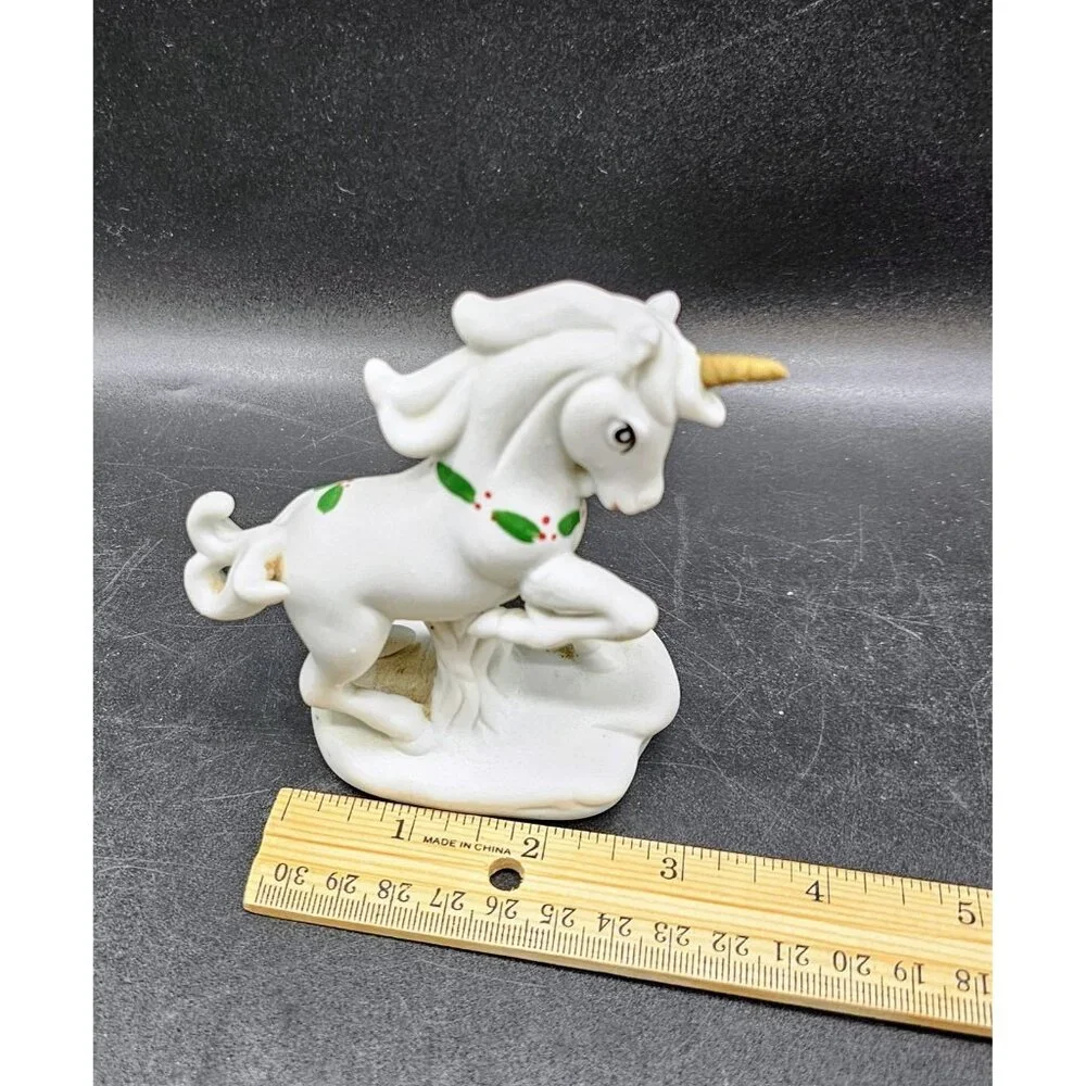 Vintage Prancing Unicorn With Christmas Holly Collar Ceramic Figurine Fantasy